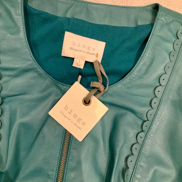 Hinge Teal Blue/Green Scalloped Leather Jacket sz l - Picture 2 of 4